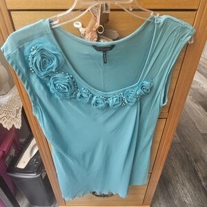 GUC Aqua Sz. PL Chic Blue Floral Embellished Women's Top